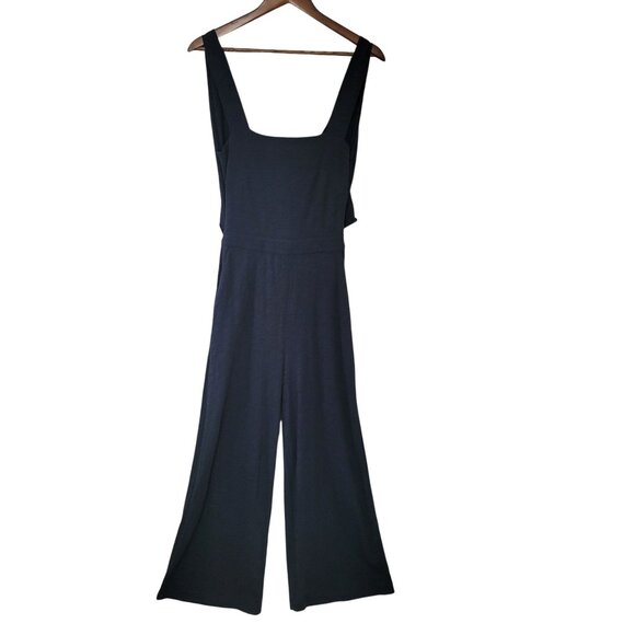 Leallo Black Tie Back Wide Leg Square Neck Jumpsuit Womens Size S Cotton Pockets - Picture 1 of 8